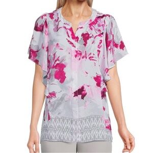 Allison Daley Flutter Sleeve button front top, beautiful pink ,grey & white